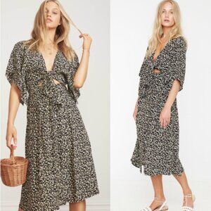 Faithfull the Brand Massimo Midi Dress 6 Black Floral Tie-Front Boho V-Neck